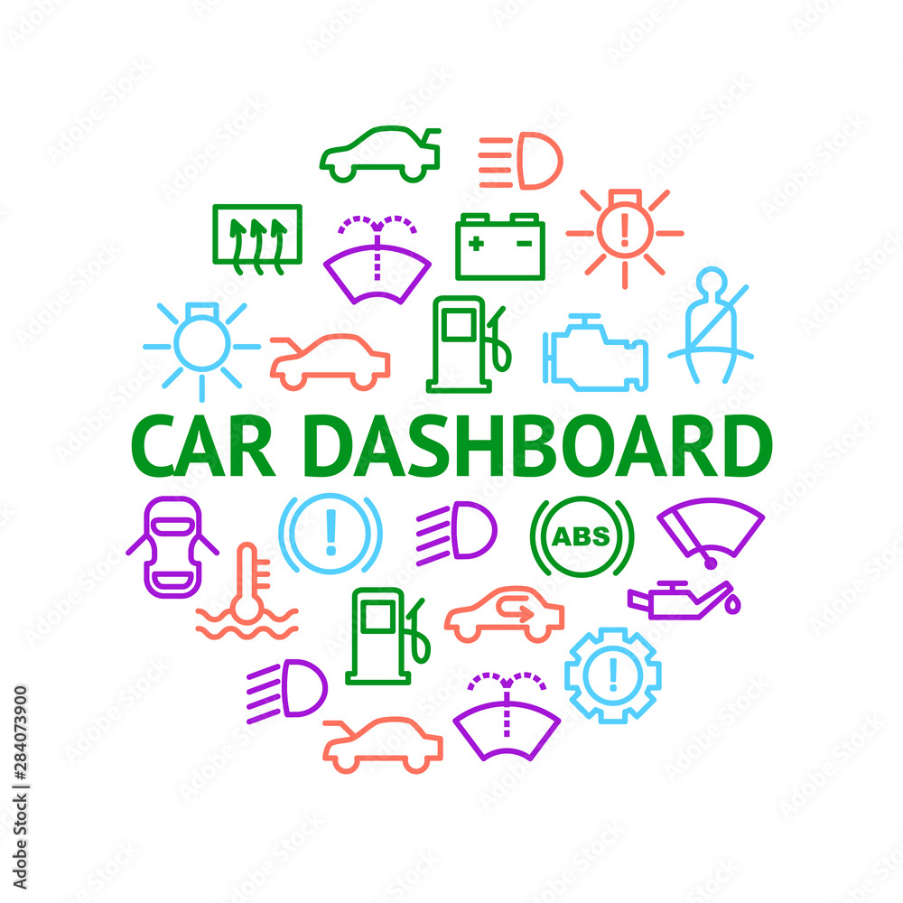 Poster Car Dashboard Signs Thin Line Round Design Template Ad. Vector