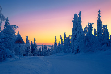 Winter sunset road view from Sotkamo, Finland.