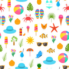 Summer Time Color Elements Seamless Pattern Background. Vector
