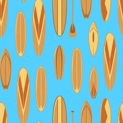 Surfboards with Wooden Texture Surfers Equipment Seamless Pattern Background. Vector