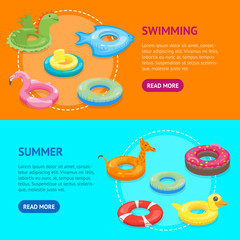 Cartoon Color Swimming Ring Toy Banner Horizontal Set. Vector