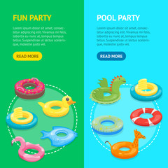 Cartoon Color Swimming Ring Toy Banner Vecrtical Set. Vector