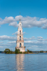 Fototapeta na wymiar The Bell tower among water. Kalyazin -flooded city, Tver district, Russia