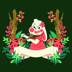 handdrawn vector cute cartoon rabbit with floral frame playing violin