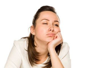 Fototapeta premium Bored sleepy woman with no makeup on white background