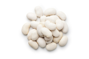 Pile of white kidney beans isolated on white background. Top view.