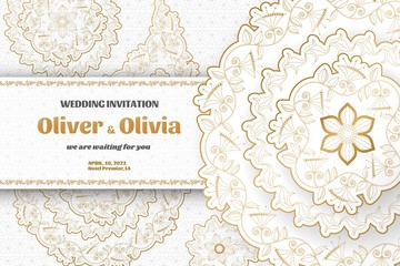 Set of wedding invitation templates with floral paisley and mandala. Flower and leaves patterns. Golden ornaments. Vector illustration.