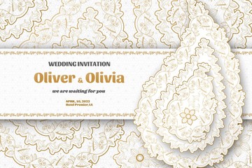 Set of wedding invitation templates with floral paisley and mandala. Flower and leaves patterns. Golden ornaments. Vector illustration.