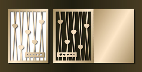 Laser cut template of wedding invitation. Frame with hearts and straight lines. Fold valentines card. Gold vector illustration. Silhouette of golden panel for wood carving, paper cut, diecut pattern.