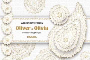 Set of wedding invitation templates with floral paisley and mandala. Flower and leaves patterns. Golden ornaments. Vector illustration.