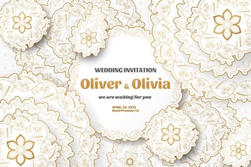 Set of wedding invitation templates with floral paisley and mandala. Flower and leaves patterns. Golden ornaments. Vector illustration.