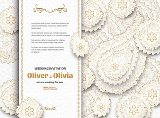 Set of wedding invitation templates with floral paisley and mandala. Flower and leaves patterns. Golden ornaments. Vector illustration.