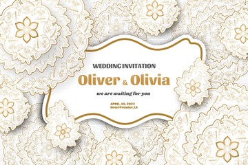Set of wedding invitation templates with floral paisley and mandala. Flower and leaves patterns. Golden ornaments. Vector illustration.
