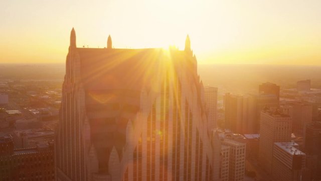 Detroit skyline at golden hour aerial drone