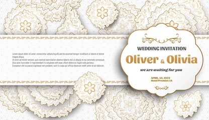 Set of wedding invitation templates with floral paisley and mandala. Flower and leaves patterns. Golden ornaments. Vector illustration.