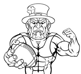 A leprechaun American football sports mascot holding a ball