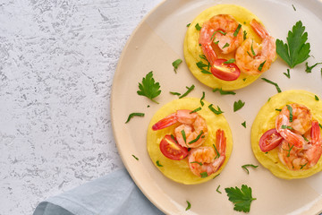 Shrimp & Polenta - fodmap dash diet gluten free dish, top view closeup, copy space