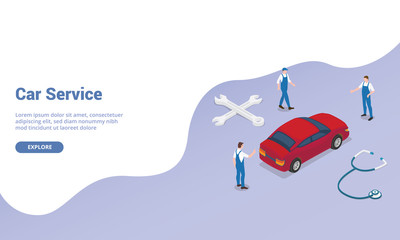 car service concept with team engineer technician mechanic with car and money with isometric modern flat style for website template landing homepage - vector