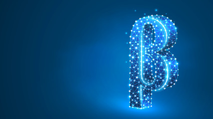 Beta, the second letter of a Greek alphabet. Greek numerals, mathematical number two concept. Abstract, digital, wireframe, low poly mesh, Raster blue neon 3d illustration. Triangle, line dot