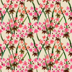 Watercolor marsh plants and herbs seamless pattern with pink flowers