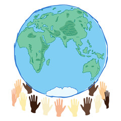 earth planet in hands eastern hemisphere, save the planet concept art, waste and recycle problem, editable vector illustration