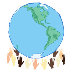 earth planet in hands western hemisphere, save the planet concept art, waste and recycle problem, editable vector illustration