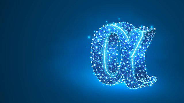 Alpha, the first letter of a Greek alphabet. Greek numerals, mathematical number one concept. Abstract, digital, wireframe, low poly mesh, Raster blue neon 3d illustration. Triangle, line dot