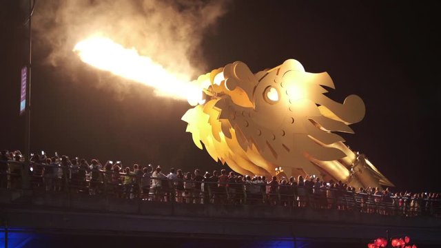 Head of the Dragon bridge in the city of Danang, Vietnam who spit fire every saturday evening.