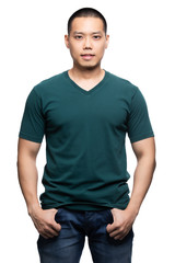 Asian model for green v-neck tshirt blank mockup template in your clothing design.