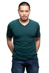 Fototapeta premium Asian model for green v-neck tshirt blank mockup template in your clothing design.