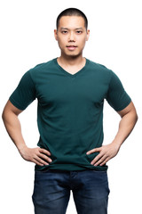Fototapeta premium Asian model for green v-neck tshirt blank mockup template in your clothing design.