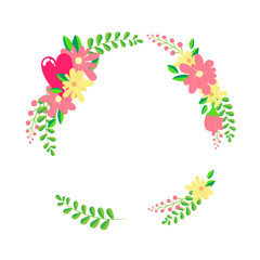 Floral wreath frame template in flat design style with wildflowers, heart and flower branches, copy space place for text. Print design element. Vector illustration