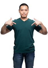 Asian model for green v-neck tshirt blank mockup template in your clothing design.