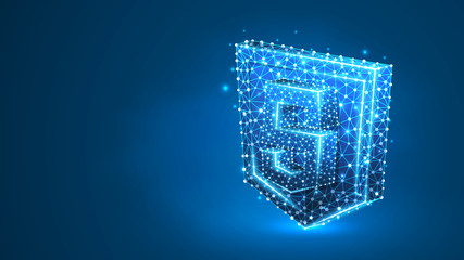 JS, Java Script coding language sign. Device, programming, developing concept. Abstract, digital, wireframe, low poly mesh, Raster blue neon 3d illustration Triangle, line dot