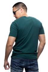 Fototapeta premium Asian model for green v-neck tshirt blank mockup template in your clothing design.