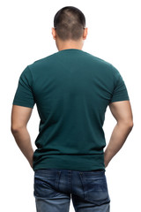 Fototapeta premium Asian model for green v-neck tshirt blank mockup template in your clothing design.