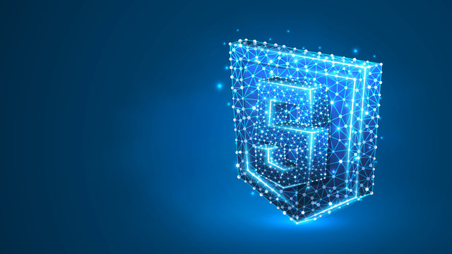 JS, Java Script coding language sign. Device, programming, developing concept. Abstract, digital, wireframe, low poly mesh, Raster blue neon 3d illustration Triangle, line dot