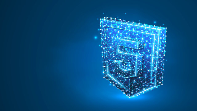 Hypertext Markup Language, html coding sign. Device, programming, developing concept. Abstract, digital, wireframe, low poly mesh, Raster blue neon 3d illustration. Triangle line dot