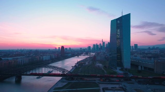 Frankfurt with ECB and main river view during sunset