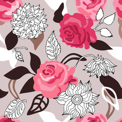 Pink vintage pattern with large roses and dahlias.