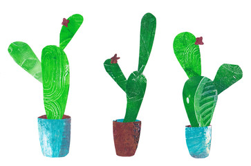 Cactus succulents in pots, paper collage, painting, mixed media collage