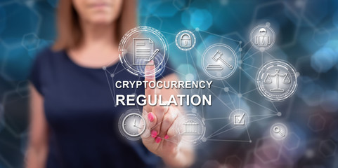 Woman touching a cryptocurrency regulation concept