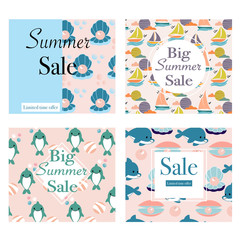 Set of 4 summer sale banners with ocean summer elements.Vector elements. Creative template