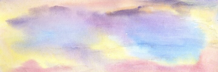 Abstract multicolored striped background with a texture of watercolor paper with rainbow colored spots of paint.