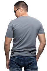 Grey on asian model for v-neck tshirt blank mockup template