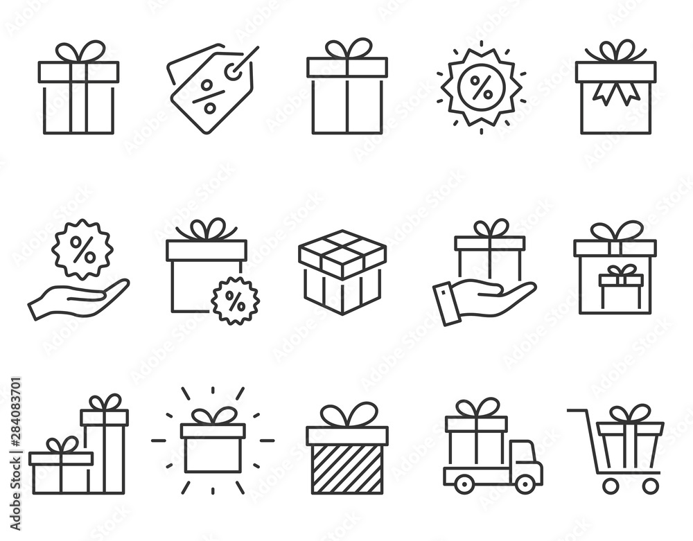 Wall mural gift box line icons set. black vector illustration. editable stroke.