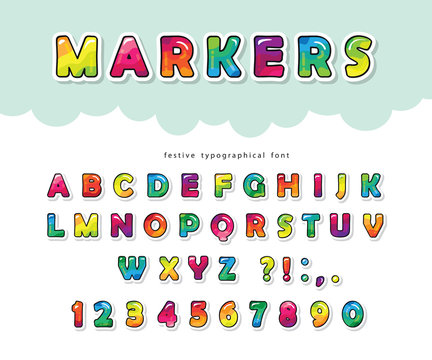Cartoon bright font for kids. Glossy ABC letters and numbers. Paper cut out. Paint with markers colorful alphabet. Vector