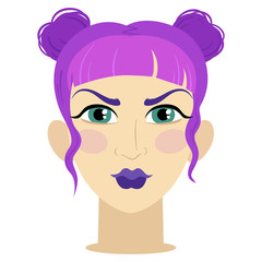 A woman with green eyes, purple hair