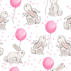 Cute seamless pattern with hares and balloons on white background.