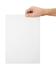 Hand with blank sheet of paper isolated on white with clipping path